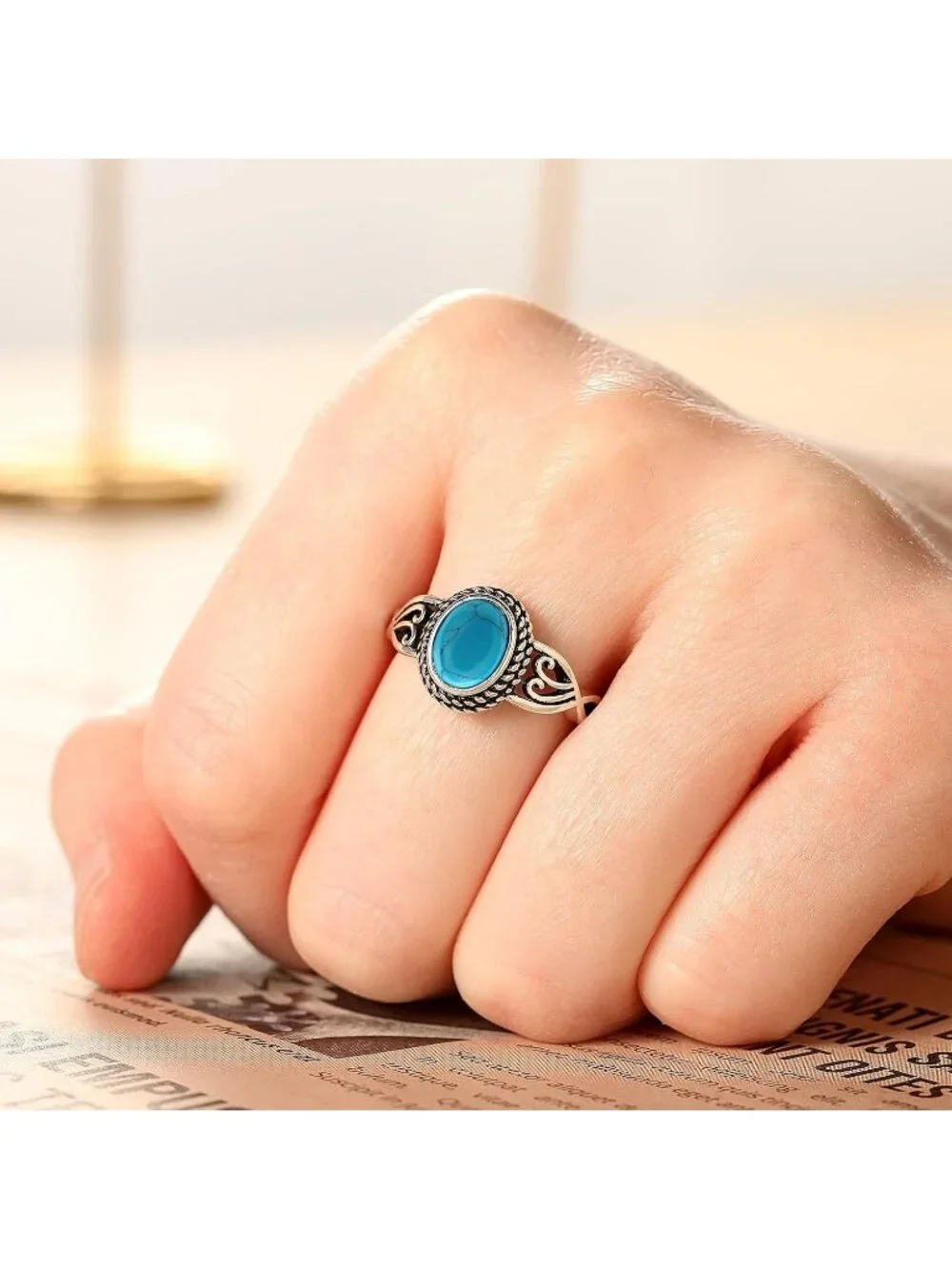 Women's Blue Turquoise 925 Sterling Silver Oval Adjustable Natural Stone Ring
